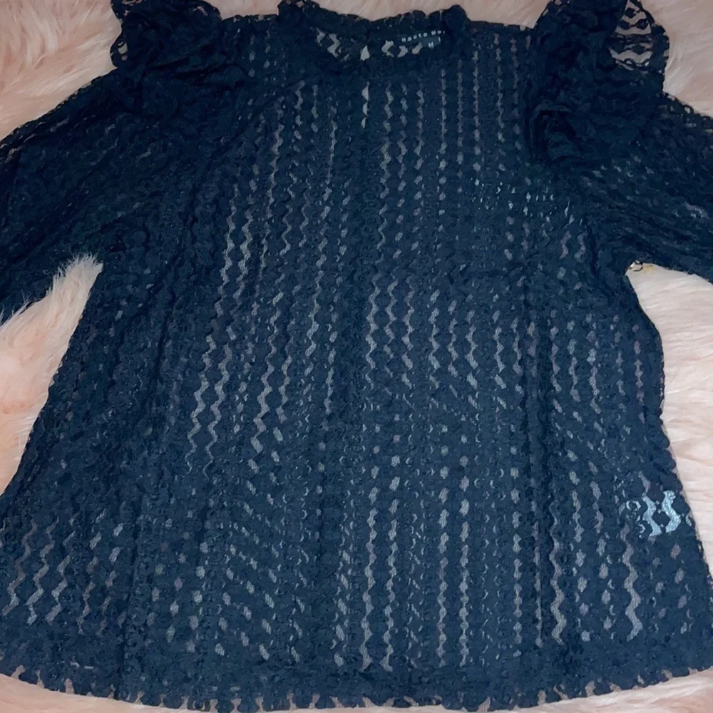 New Trendy Brick Color Sheer Crochet Mock Neck Long Sleeve Blouse